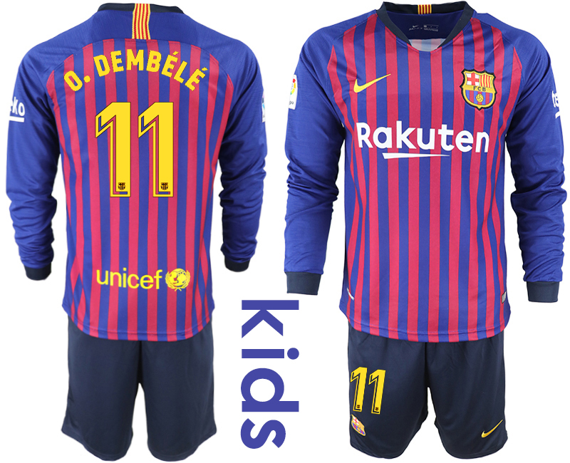 2018_2019 Club Barcelona home long sleeve Youth #11 soccer jerseys->youth soccer jersey->Youth Jersey